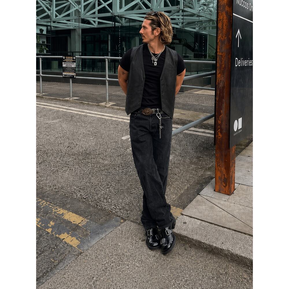 Vintage Black Leather Open Front Vest Minimal Sleek Deadstock Festival Club Kid